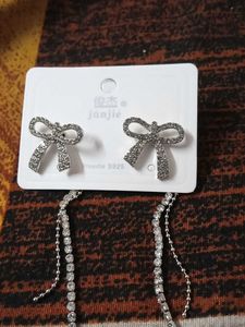 Sparkling Bow Earrings with Dangle Chain