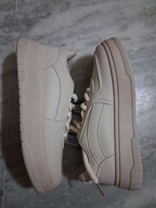 Cream Lace-Up Platform Sneakers