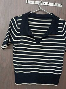 Striped Collared Knit Top for M &amp;L