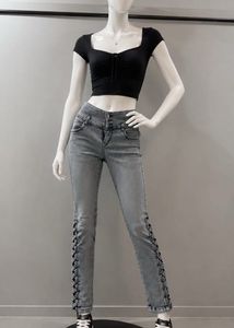 Grey Lace-Up Detail Jeans