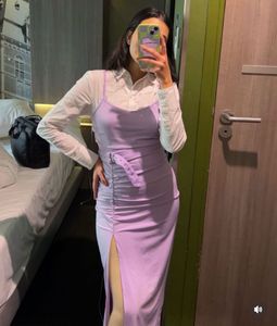 Lavender Ruched Midi Dress with Belt