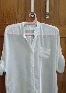 Sheer White Roll-Up Sleeve Button-Down Shirt