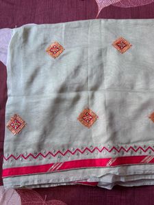 Sage Green with red Embroidered Saree