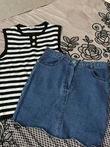 Striped Sleeveless Top & Denim Skirt Set
