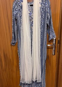 Blue &amp; White Printed Kurta Set with Dupatta