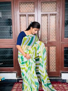 Chic White & Green Striped Saree