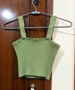 Cute Green Ribbed Button-Up Crop Top