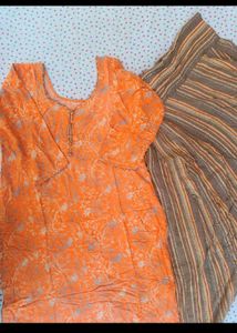Orange Printed Kurta with Striped Palazzo
