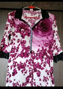 Floral Print Purple &amp; White Kurta