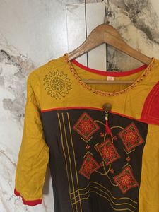 Yellow and Brown Embroidered Kurta