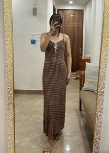 Cottage core Brown Polka Dot Maxi Dress