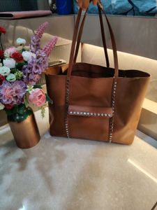 Stylish Brown Leather Tote Bag with Studs