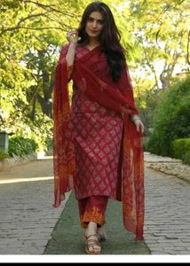 Stylish Red & Yellow Printed Kurta Set