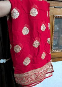Vibrant Red Saree with Gold Brocade