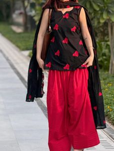 Black Farshi Salwar Kurta Set with Red Heart Print