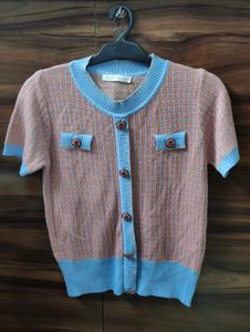 Chic Knit Top - Pink with Blue Trim
