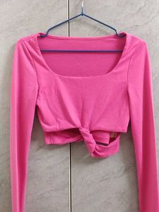 Pink Tie-Front Long Sleeve Crop Top