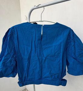 Cotton Blue Puff Sleeve Cropped Top