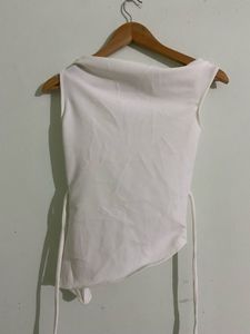 Chic White Asymmetrical Cowlneck Sleeveless Top