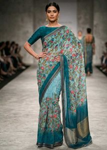 blue colour saree with beautiful flowers