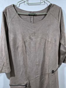 Taupe Suede-like Midi Dress with Zippers polyester