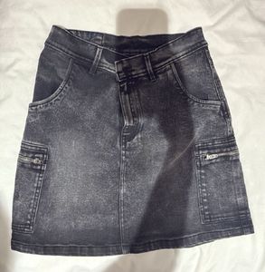 Grey Washed Denim Cargo Skirt