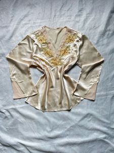 Elegant Cream Embroidered Satin Top