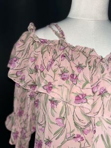 Pink Floral Cold Shoulder Ruffle Top