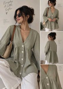 Linen Blend V-Neck Peplum One piece Cum Frock