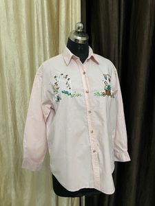 Oversized Pink Embroidered Button-Down Shirt
