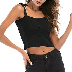 Women Black  Solid Lace Up Button Tank Top