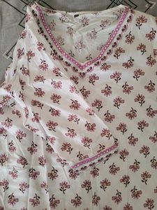White Kurta with Pink Floral Print
