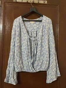 Blue Floral Print Tie-Up Blouse