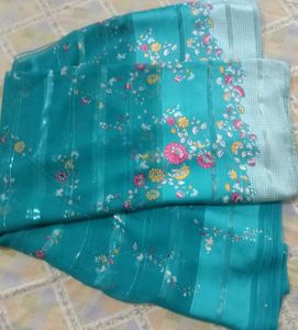 Beautiful Teal Synthatic Saree with Floral Zari