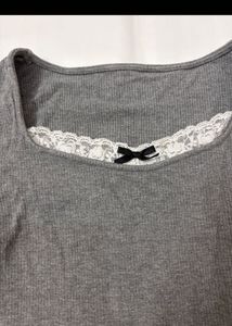 savana Grey Ribbed Lace Trim Top with Bow
