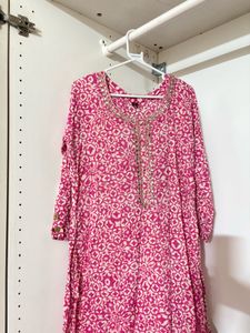Pink Printed Kurta with Embellished Neckline