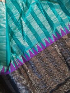 Teal &amp; Gold Striped Saree