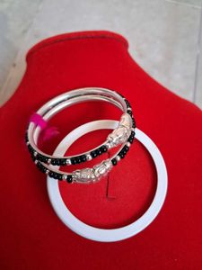 Elegant Silver Bangles with Black Beads