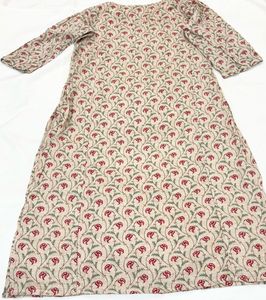 Off White Cotton Kurti with Red Floral Print