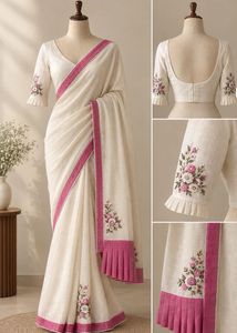 Elegant Cream Saree with Pink Floral Embroidery