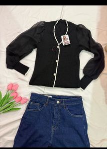 Chic Black Sheer Sleeve Knit Top