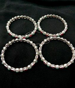 Set Of 4 Oxidised Pink &amp; Green Stone Bangles (2.4)