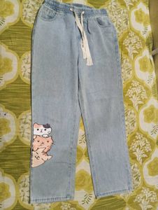 Cute Cat Print Light Wash Jeans