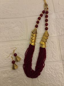 Maroon Beaded Necklace with Earrings