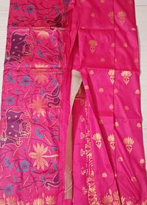 78)Pink Fabric with Bird Embroidery Saree