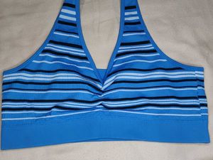 Blue Striped Halter Neck Sports Bra Non Padded
