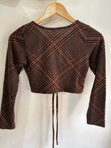 Brown Plaid Ruched Tie-Front Crop Top-Ful