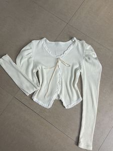 Cream Ribbed Long Sleeve Top