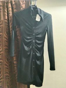 Black Button-Up Ruched Midi Dress