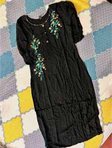 Floral Embroidered Black Kurti